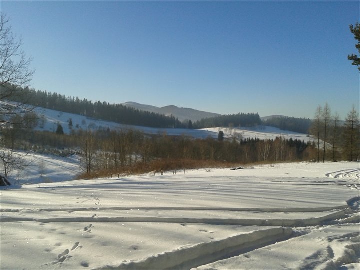 Zimowa panorama ośnieżonych łąk i górskich grzbietów